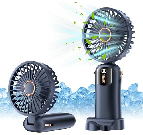 XIANGBIN Hand Held Fan, Mini Handheld USB Rechargeable, 1-100 speeds free adjustment of wind speed with LED Display Lanyard and Base, for Bedroom Office Outdoor Home Camping School (Darkblue)