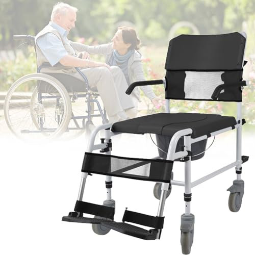 vanenferse Toilettenstuhl Mit Rollen Senioren, Fahrbarer Duschstuhl Toilettenrollstuhl Mit Armlehne Rückenlehne Und Toiletteneimer, Höhenverstellbarer Rutschfester Duschhocker, Bis 150 Kg Belastbar