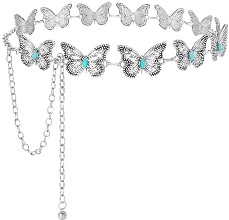 VONMELLI Damas Concho - Cinturón de cadena para mujer, color turquesa, Plata con azul turquesa, Länge 130cm (Passt Taillenumfang unter 115cm)