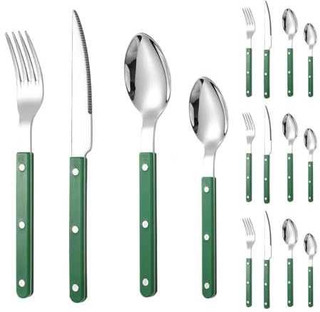 Rivet ABS Clamp Handle Kitchen Stainless Steel Silverware Tableware Flatware Cutlery Set Steak Knife Fork Spoon Teaspoon Western Tableware Butter Knife Set (Green,16 Pieces)