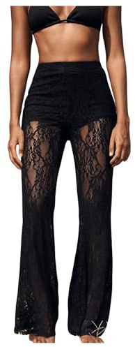 GORGLITTER Damen Transparent Schlaghose Spitzenhose Elastischer Bund Lange Hosen Musikfestival Outfit Hosen mit Spitzen Schwarz S