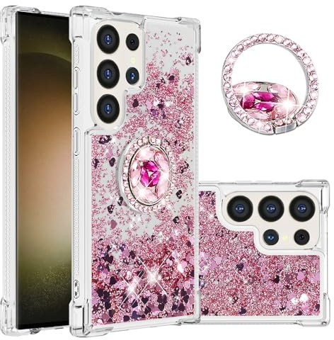IMIRST telefonfodral kompatibelt med Samsung S25 Ultra (6,7 tum) bling flytande glitter diamantring skal stötsäker airbag skyddande fodral för Samsung Galaxy S25 Ultra. YBK Kärlek Roséguld