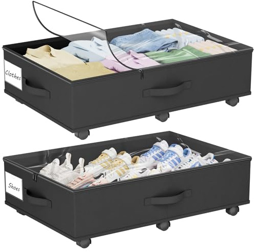 WENRENER Under Bed Storage with Wheels, 2-Pack Under Bed Storage Containers with Clear Lid and Handles, Rolling Underbed Storage Drawers Organizer for Clothes,Shoes,Toys, Books (Black)