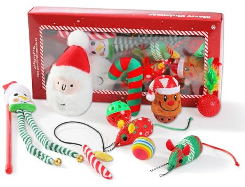 PAWZ Road 10Pcs Christmas Cat Toys for Indoor Cats, Interactive Cat Kitten Toys Set with Plush Crinkle Toy, Feather Wand, Ball and Mice Toys, Cat Christmas Toys