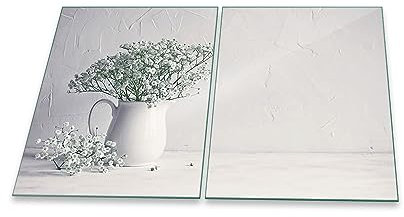 Herdabdeckplatte Abdeckung Ceranfeld Abdeckplatte Schneidebrett 2-Teilig 80x52 Blumen Weiss Spritzschutz Glasplatte Ceranfeldabdeckung Schutz Herdschutz Sicherheitsglas Glasschneidebrett 2x40x52