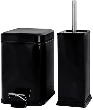 Harbour Housewares Bathroom Bin & Brush Set - Black - 2pc Square Stainless Steel Pedal Bin & Toilet Brush Set Slim Small Trashcan for Kitchen Waste, Bathroom Rubbish