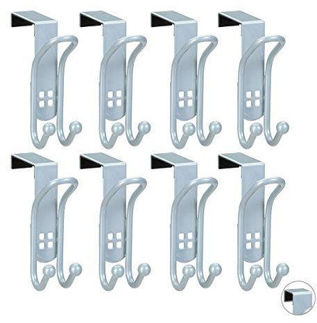Relaxdays Türhaken, Doppelhaken 8er Set, für Kleidung, Handtücher etc, aus Metall, Größe L für Türstärke von 4,5 cm, Silber, Large