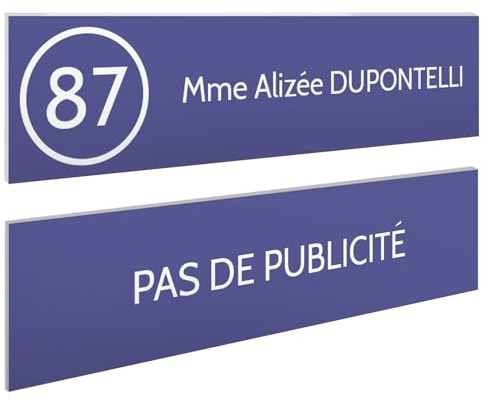 DECOHO - Plaque Boite aux Lettres Personnalisable - Lot de 2 plaques adhésives en Plastique Violet Blanc - Format 100x25 mm - Gravure Las - Violet