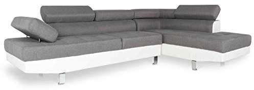 INTENSE DECO Canapé d'angle Droit avec têtières relevables Charly Gris et Blanc