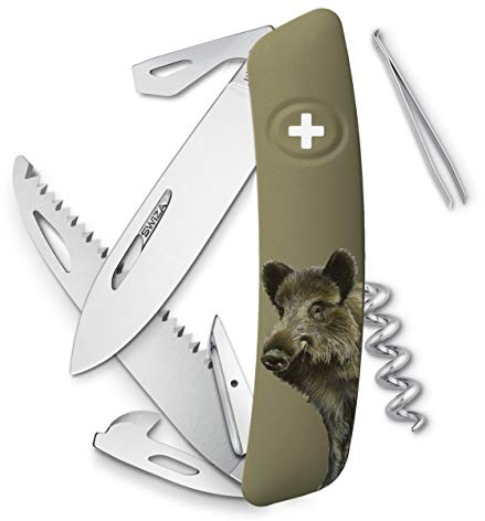 SWIZA Taschenmesser D05, Stahl 440, Sicherheitsarretierung, 12 Funktionen, olivfarbene Anti-Rutsch-Schalen, Wildschwein, Mehrfarbig, normal