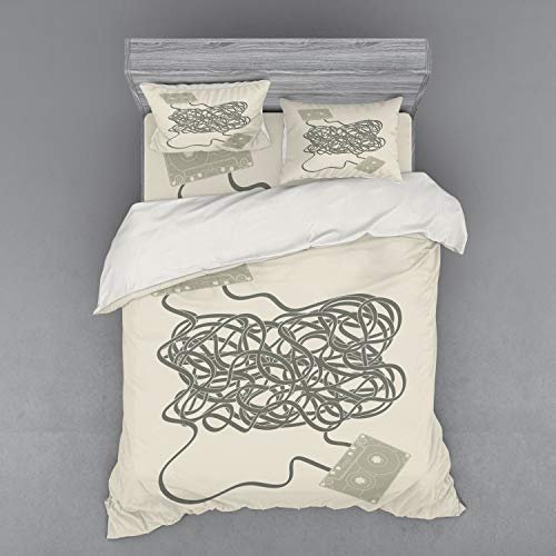 Ambesonne Retro Bedding Set, Analogue Jumbled Mess of Old Music Cassette Tape Print, 4 Piece Duvet Cover Set with Shams and Fitted Sheet, Queen Size, Eggshell Dark Eggshell