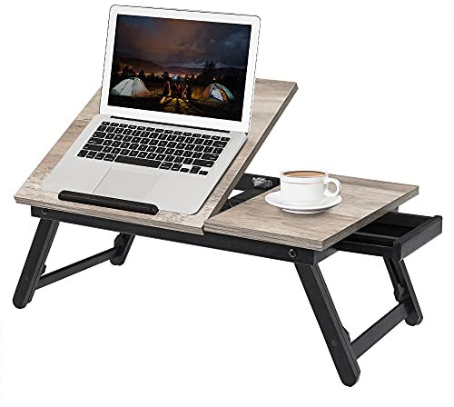 SONGMICS Laptoptisch für Bett, Laptopständer, Winkel- und höhenverstellbar, klappbare Beine, für Laptops bis 15,6 Zoll, Arbeiten, Lesen, Frühstücken, Bambusbeine, Schublade, Greige meliert LLD105W01