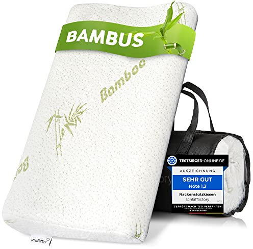 schlaffactory Nackenstützkissen | Memory Foam Kissen für Nackenschmerzen weich | Reisekissen mit Tragetasche | Orthopädisches Kissen weich | Allergikerfreundlich | 50x30cm