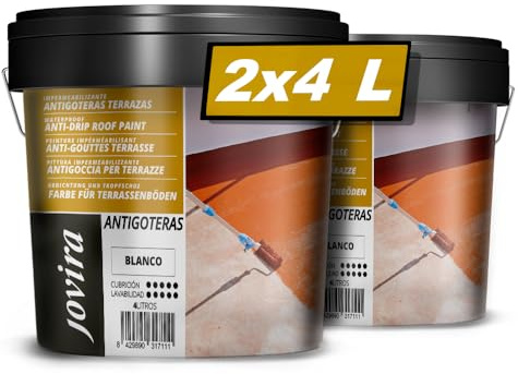JOVIRA PINTURAS Impermeabilizante Antigoteras, Terraza Antigoteras Caucho Elástica, pintura de terrazas, evita filtraciones en todo tipo de cubiertas y terrazas. (2x4 Litros, Blanco) A-48B-2