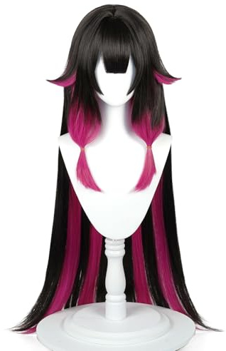 Parrucca per Cosplay per Anime con Capelli Sintetici in Tessuto Misto Nero e Viola Chiaro con Cappuccio per Comic Con, Spettacoli di Cosplay, Halloween