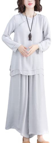 Moonetto Womens Chinese Traditional Tai Chi Uniforms Kung Fu Clothing Martial Arts Suit Cotton Wing Chun Clothes (0253-Grey-M)