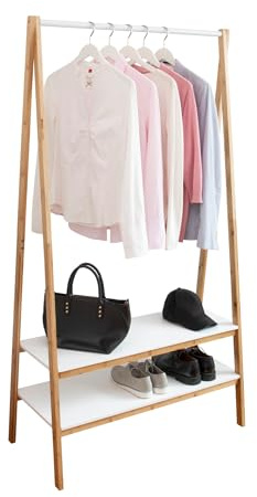 WENKO Standgarderobe Finja, dekorativer Kleiderständer aus Bambus kombiniert mit 2 Ablageböden aus MDF und Kleiderstange aus Metall im minimalistischen Scandi-Design, 95 x 172 x 42 cm, Braun/Weiß