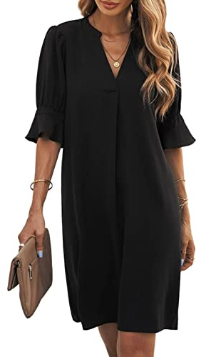 Famulily Robe chemise courte à col en V et manches mi-bras pour femme, élégante, décontractée, été, couleur unie, taille S à XXL, Noir , XL