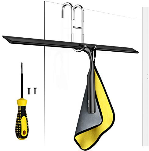 cocofy Duschabzieher schwarz matt breit XXL 45 cm ohne Bohren für Dusche, Fliesen mit Haken, Ersatzgummi, Mikrofasertuch Flitsche Dusche Duschwandabzieher Duschkabinenabzieher Dusch Abzieher