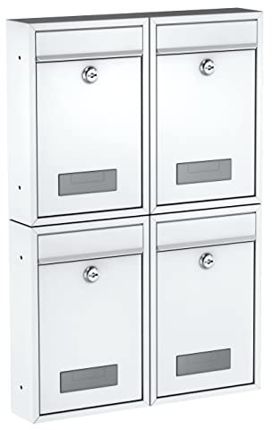 BASI | 4er Set Briefkasten | Wandbriefkasten Kompaktbriefkasten | DIN B5 | Namensschild jeweils 2 Schlüssel | Befestigungsmaterial | Briefkastenanlage | Stahlbriefkasten | Weiß Matt | 4 Stück