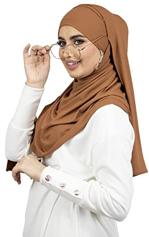 Hijab con cordones para atar con aberturas para gafas/auriculares de jersey premium acanalado para mujer musulmana velada HE510, marrón claro, Talla única