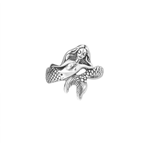 Meerjungfrauenring, Meerjungfrauenschwanzring für Damen und Herren, Niedlich Delfinschwanzring Märchenring Nordische Wikinger-Meerjungfrau mit langem Haarring Strand-Meerjungfrauenschwanz (18.1)