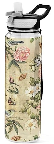FRODOTGV Vintage Flowers Birds Girls Bike Water Bottles Water Bottle 32 OZ Water Bottles with Straw for Women Men