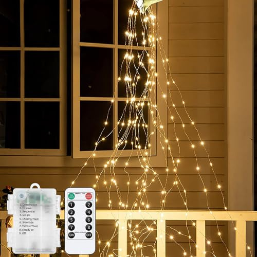 DINOWIN Lichterschweif 14 Strängen 280 LED Lichterbündel mit Fernbedienung Lichterkette Wasserfall Wasserdichte Mini Lichterkette Batteriebetrieben für Garten Weihnachten Balkon Gießkanne (1 Stück)