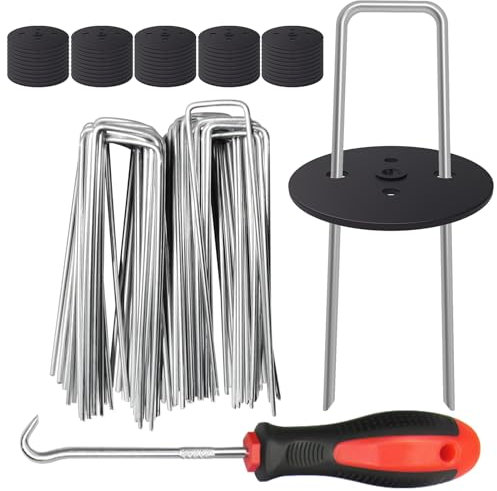 50 Weed Control Membrane Pegs + 50 Buffer Washer, 6 Inch 11 Gauge Galvanized U-Shaped Metal Garden Landscape Staples Weed Mat Yard Ground Pins for Securing Weed Barrier Fabric，Artificial Turf