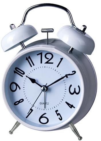 A5 Silent Non-Ticking Bedside Alarm Clock, 4 Metal Structure, Art Deco Design with Twin Bell, Perfect for Heavy Sleepers, Kids and Bedrooms. Analogue Quartz and Battery Operated (WHITE)