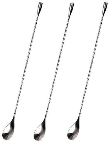HAZEL Satinless Steel Bar Spoon | Teardrop Twisted Design Bar Stirrer, Set of 3, Silver