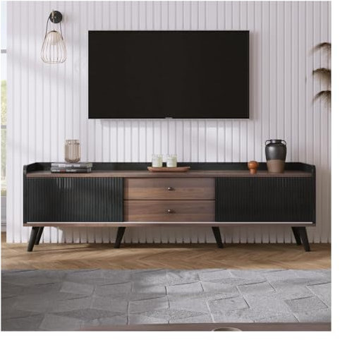 KASENFASHION Meuble TV avec 2 tiroirs - Meuble TV bas avec 2 portes coulissantes - Texture exquise - Couleur bois noir et naturel - 58 x 160 x 40 cm (H x L x P), KASEN-WF303118119SAA