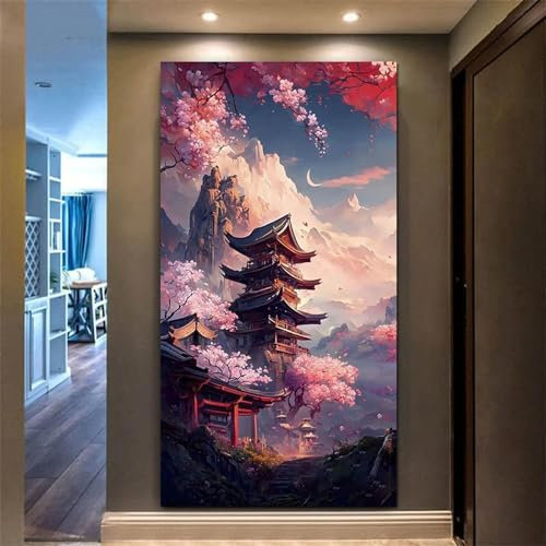 5D DIY Diamond Painting, Kirschblüten Diamond Painting XXL Erwachsene Groß 100x233cm, Diamond Art Tempelturm Diamant Painting Bilder Kinder Anfänger, Dimondpaintin Geschenke für Frauen, Wand Deko