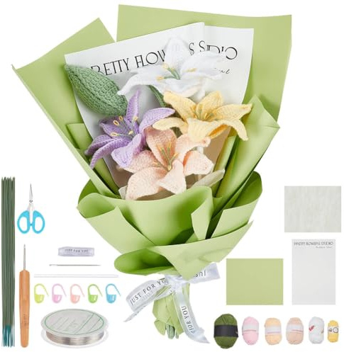 INFUNLY Kit all'uncinetto per principianti, con fiori di giglio, kit completo per adulti e bambini, con istruzioni e video tutorial, regalo per festa della mamma, matrimonio, compleanno, 10 pezzi