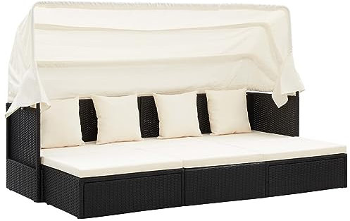 ShCuShan Garten-Sonneninsel mit Dach Schwarz Poly Rattan Sonneninsel Mit Dach Tagesbett Outdoor Liege Lounge Outdoor Sonnenliege Mit Dach
