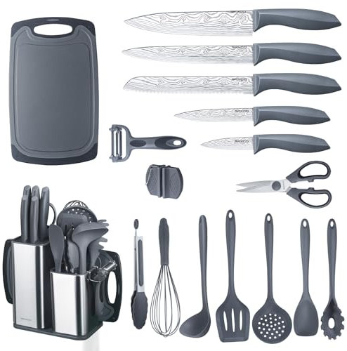 RAXCO Set di coltelli da cucina con blocco, 18 pezzi di utensili da cucina con 5 coltelli e 7 spatole in silicone (Grigio)