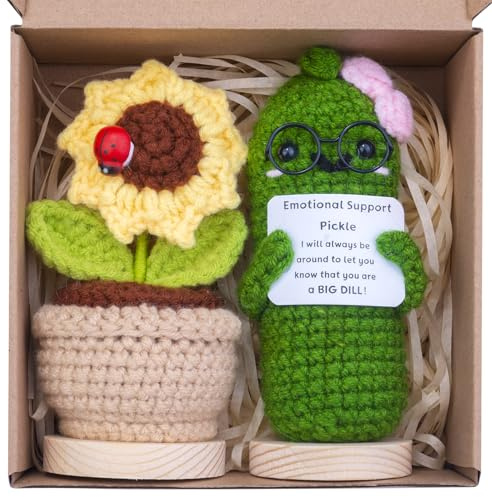 Mwmoeen 2 Stück Mini lustige Positive Kartoffel Geschenke, handgemachte emotionale Unterstützung gestrickte Kartoffeln mit Frontkarte und hölzerne Basis Sonnenblume Topf Schreibtisch Dekoration