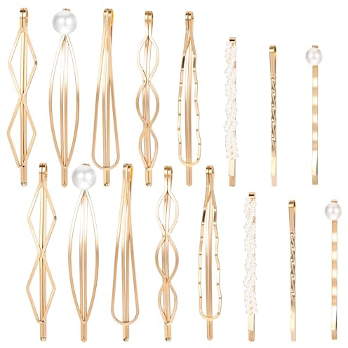 16 Stück Goldenes Haarnadel Set, Perle Haarspange für Mädchen, Geometrische Metall Haarspangen, Gold Haarschmuck Künstliche Perle Haar Snap Clips (Gold)