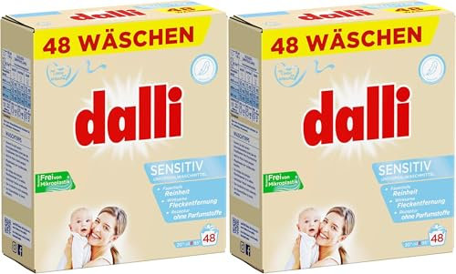 dalli® sensitiv Vollwaschmittel-Pulver I 96 Waschladungen I gute Hautverträglichkeit bei hervorragender Waschkraft | weiße Wäsche | 2 x 3,12 kg