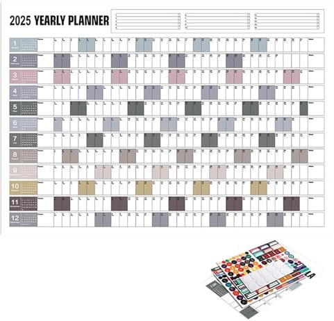 Yearly 2025 års kalender, årskalender, 2025 kalender, kalender med klistermärken, hemmakontor, väggkalender, tjock papperskalender