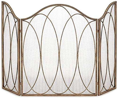 KJHTRED Protection Guard Screen wood Burning Stove Guard Fence, Folding 3-Panel place Screens, Metal Decor Mesh Place Screen, Gold Metal mesh.
