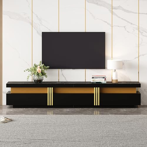Soweiz Moderner Lowboard TV-Schrank mit Marmor-Optik, Stabil und Langlebig, TV-Board, TV-Kommode – Für Fernseher bis 90 Zoll, DREI Schubladen und 1 Kabelmanagement, 200 x 40 x 42 cm (Schwarz)
