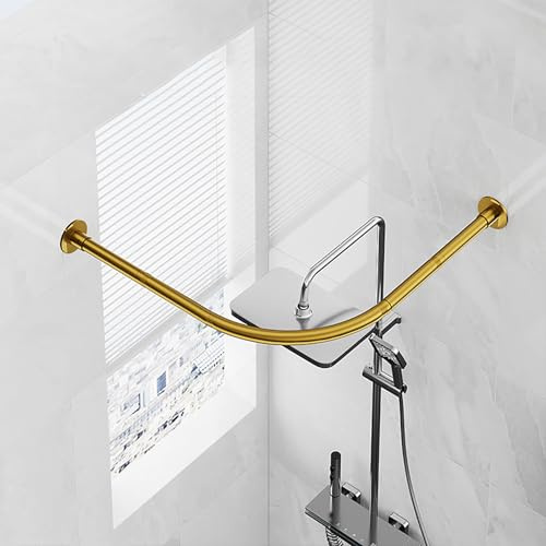 Eck-Duschvorhangstange L Form, Gebogene Vorhangstange Ohne Bohren, Duschvorhangstange Aus Edelstahl SUS304, Rostfrei, Ohne Deckenhalterung, Für Badezimmer, Duschkabine(Size:70*70CM,Color:Gold)