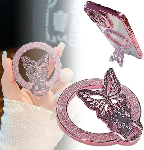 Butterfly Bling Magnetic Phone Ring Holder for MagSafe,Cellphone Support Metal Ring Holder Finger Grips for All Smartphones (pink)