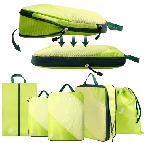 AiQInu Packing Cubes Compression, 5 Stück Packtaschen Kompression Koffer Organizer Set mit Wäschebeutel und Schuhbeutel Ultraleicht, Erweiterbar, Reisepack Organizer für Handgepäck Grün