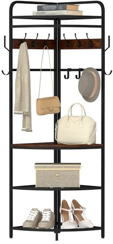 Suuiwau 3 in 1 Ecke Garderobenständer 180cm, Metall-Eckgarderobe 4 Ebenen mit garderobenhaken, Flurgarderobe mit 12 Haken, Gaderobe für Flur Wohnzimmer Schlafzimmer Büro Flur Eingang (Schwarzbraun)