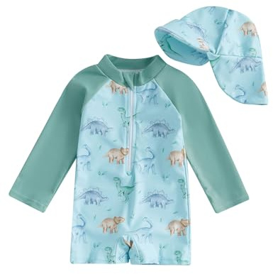WYTbaby Traje de baño de una pieza para bebé, ropa de protección UV de manga larga para bebé niño con sombrero para el sol, verde, 3-6 meses