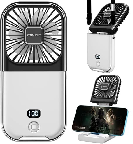 ZEXALIGHT Ventilatore portatile 5 in 1 ricaricabile USB, ventilatore da collana, mini ventilatore da scrivania, supporto pieghevole per telefono, flusso d'aria a 4 velocità, ventole personali