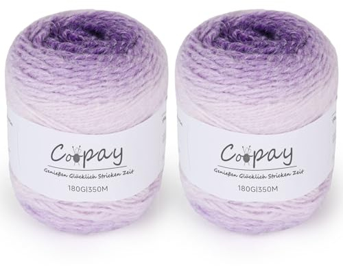 Coopay Farbverlauf Wolle zum Häkeln, 2 x 180g Flauschige Bunt Wolle zum Stricken, Weiches Häkelwolle mit Farbverlauf, Samtig Farbverlauf Häkelgarn, Premium Acrylwolle für Decke, Pullover - Lila
