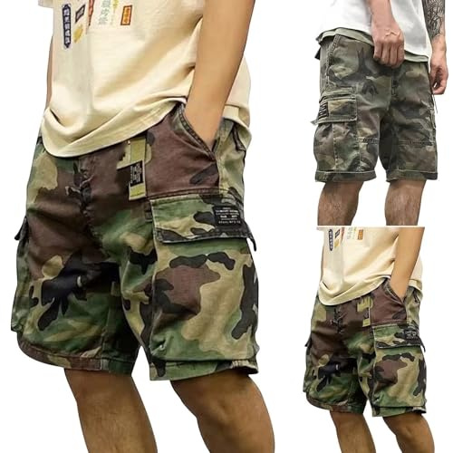 TDEOK Camouflage Cargo Shorts Men, Elastic Waist Cargoshorts for Men Combat Chinoshorts Multi Pockets Knee Length Stretch Fit Trousers Shorts Casual Half Pants Mens Workshorts M-5XL